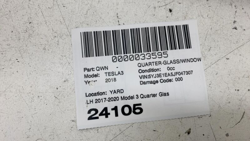 108070300G 2017-2020 Tesla Model 3 M3 Rear Driver Side Quarter Fixed Window Glass Left LH
