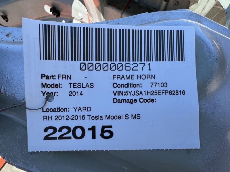 1022589-01-F 2012-2016 Tesla Model S Front Right Inner Fender Frame Horn Apron Structural RH
