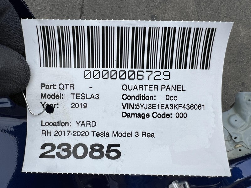 ⭕ 2017-2020 Tesla Model 3 Rear Right Quarter Panel Structural Cut Out Blue PPSB