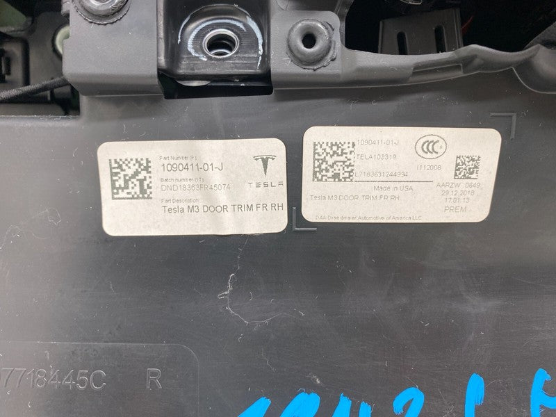 109041101J 2017-2020 Tesla Model 3 Front Passenger Side Interior Door Panel Trim Card Right