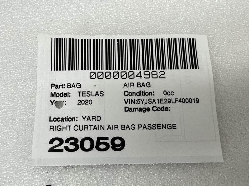 1005262 00 H 2012-2020 Tesla Model S Passenger Side Roof Curtain Safety Airbag Right Assembly