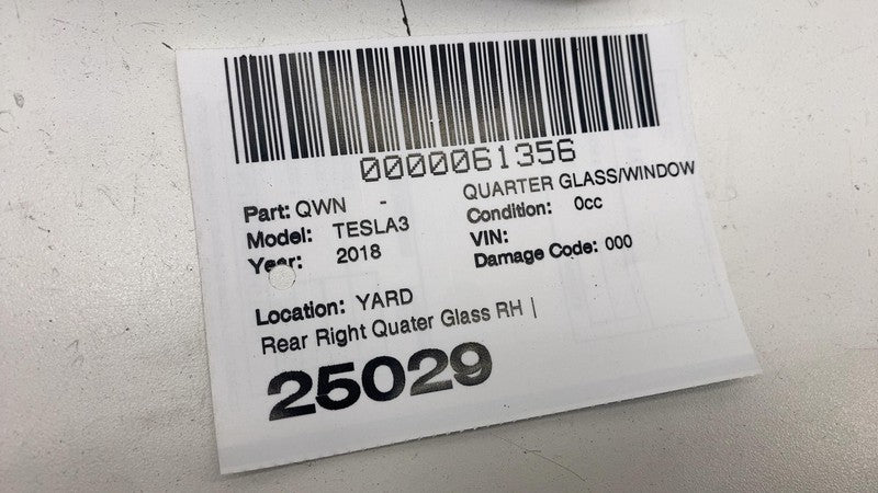 108070600F ⭕ 2017-2020 Tesla Model 3 Rear Right Quarter Fixed Window Glass OEM 1080706-00-F