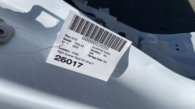 ⭕ 17-20 Tesla Model 3 Rear Right Quarter Panel Structural Frame Cut White - PPSW
