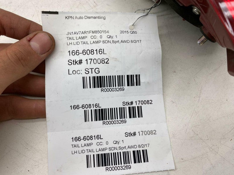 166 60816L ⭕2014 2015 Infiniti Q50 Driver Side Inner Taillight LED On Trunk Left 166-60816L