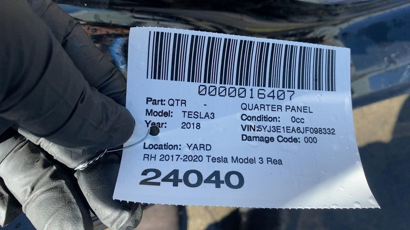 ⭕ 2017-2020 Tesla Model 3 Rear Right Quarter Panel Structural CutOut Black PBSB