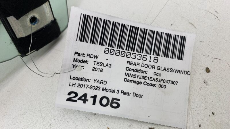 2017-2019 Tesla Model 3 Rear Driver Side Door Window Glass Left LH (Single Pane)