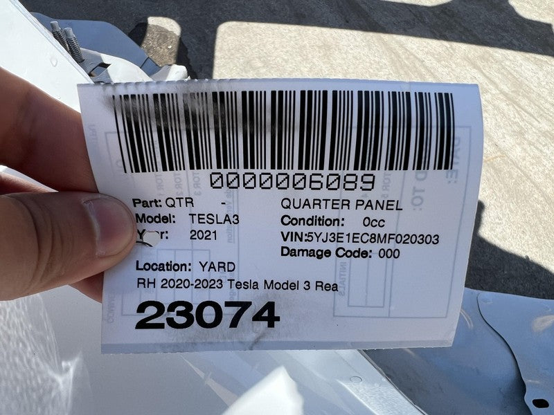 ⭕ 21-23 Tesla Model 3 Rear Right Quarter Panel Structural Frame Cut White - PPSW