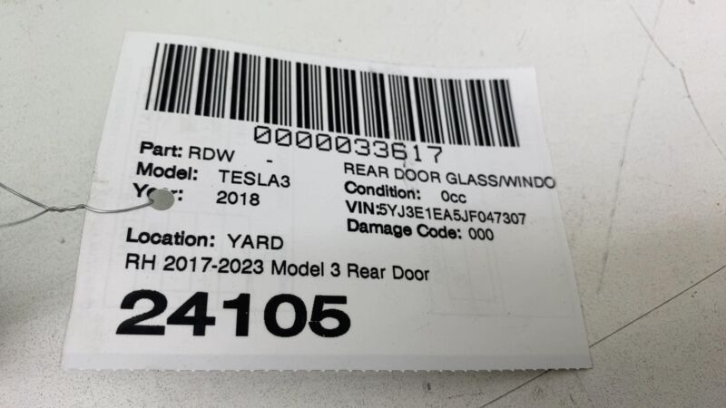 2017-2019 Tesla Model 3 M3 Rear Passenger Door Window Glass Right (Single Pane)