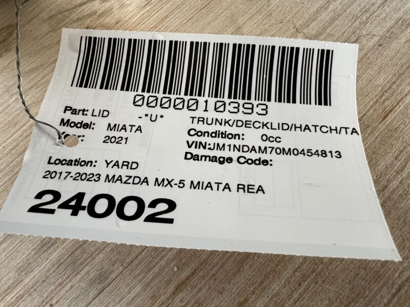 Does not apply 2017-2023 Mazda MX-5 Miata Rear Trunk Deck Lid w/ Hinges & Wire Harness Gray 47C