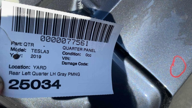 ⭕ 2017-2020 Tesla Model 3 Rear Left Quarter Panel Structural Cutout LH Gray PMNG