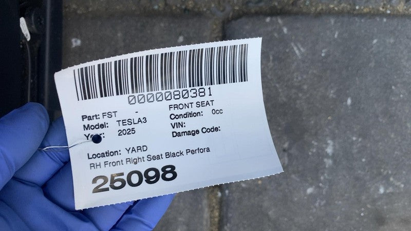 ⭕ 24-25 Tesla Model 3 Front Passenger Side 1st Row Seat Perforated Black Right