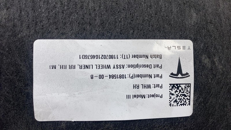 108158400B 17-23 Model 3 Rear Right Wheelhouse Fender Arch Liner Splash Shield 1081584-00-B