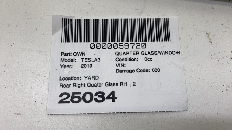 1080706-00 ⭕ 2017-2020 Tesla Model 3 Rear Right Quarter Fixed Window Glass OEM 1080706-00