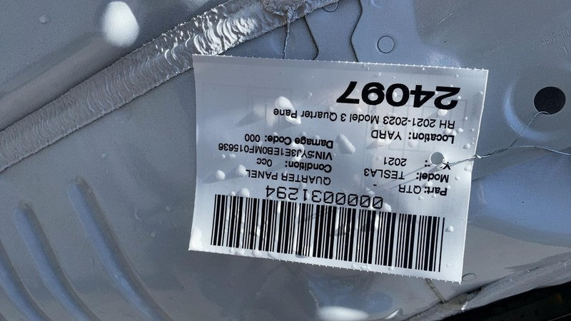 ⭕ 21-23 Tesla Model 3 Rear Right Quarter Panel Structural Frame Cut White PPSW