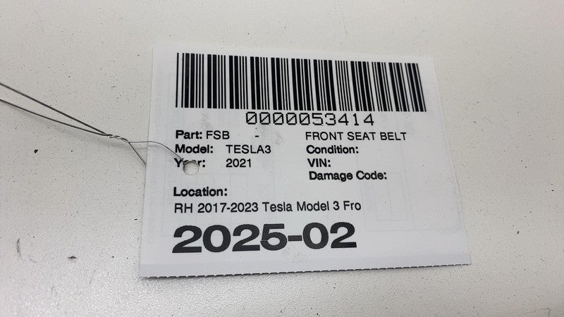 108127901H 2017-2023 Tesla Model 3 Front Passenger Side 1st Row Seat Belt & Retractor Right