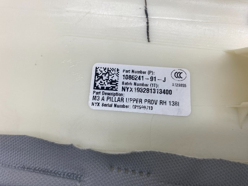 108624191J ⭕17-23 Model 3 Front Passenger Side Upper A-Pillar Trim Cover Right 1086241-91-J