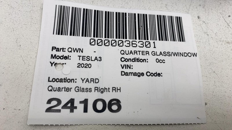 1080706-00 ⭕ 2017-2020 Tesla Model 3 Rear Right Side Quarter Fixed Window Glass 1080706-00