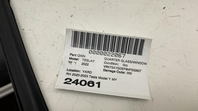 ⭕ 2020-2023 Tesla Model Y Rear Passenger Side Quarter QTR Window Glass