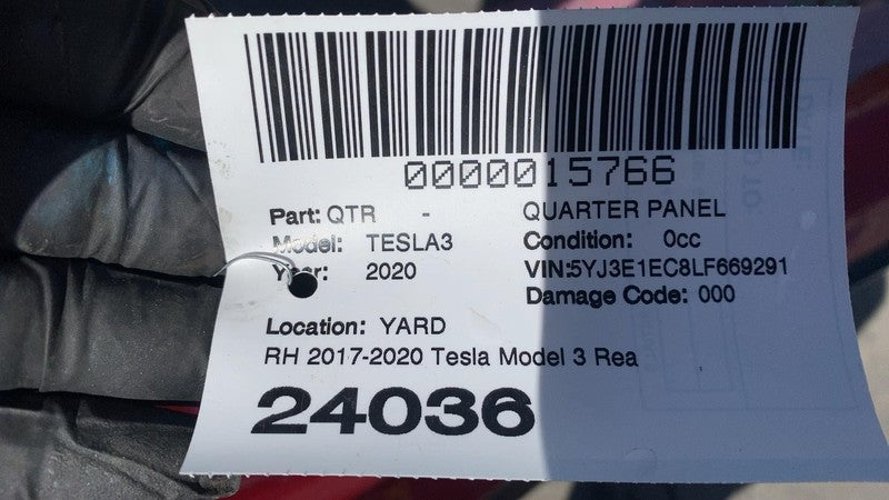 ⭕ 17-20 Tesla Model 3 Rear Right Quarter Panel Structural Frame Cut Red - PPMR