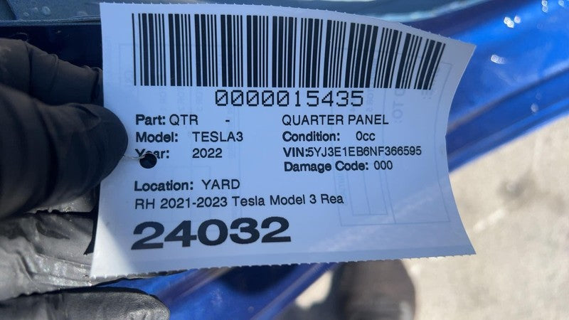 ⭕ 2021-2023 Tesla Model 3 Rear Right Quarter Panel Structural Cut Out BLUE PPSB