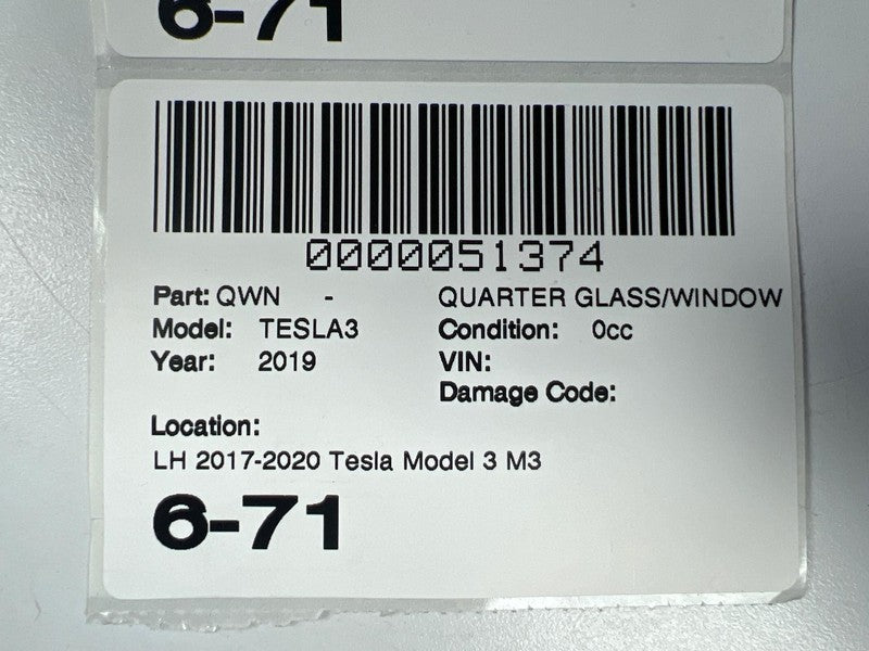 1098757-00-F ⭕ 2017-2020 Tesla Model 3 Rear Corner Window Quarter Glass Left LH 1098757-00-F