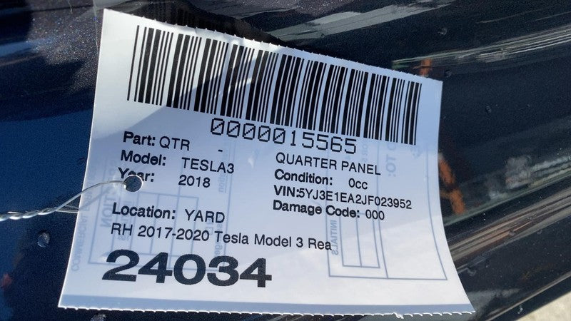 ⭕2017-2020 Tesla Model 3 Rear Right Quarter Panel Structural Frame Cut