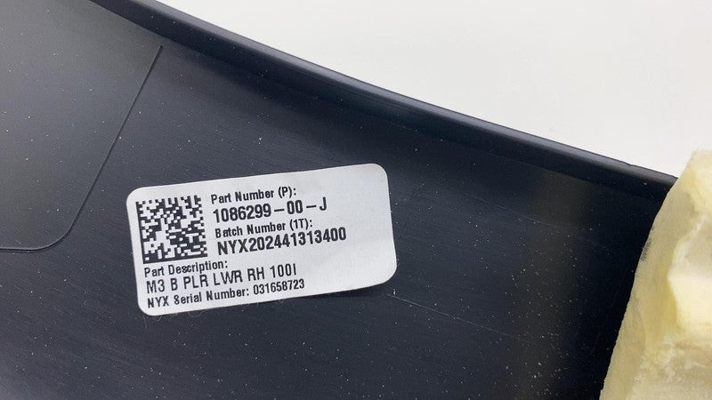 108629900J 17-23 Tesla Model 3 Passenger B-Pillar Lower Trim Cover Panel Right 1086299-00-J