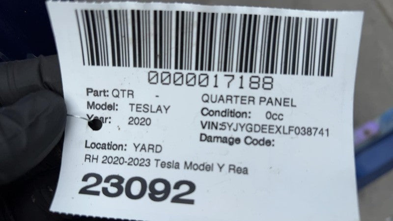 ⭕ 20-23 Tesla Model Y Rear Right Passenger Quarter Panel Structural Cutout Blue