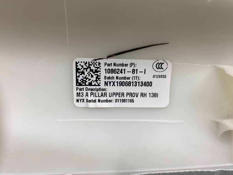 108623781I ⭕ 17-23 Model 3 Front Left & Right Upper A-Pillar Trim 1086237-81-I/1086241-81-I