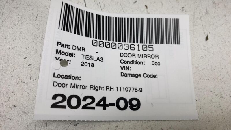 1110778-98-F 2017-2020 Tesla Model 3 M3 Right Exterior Rear View Door Mirror (No Skull Cap)